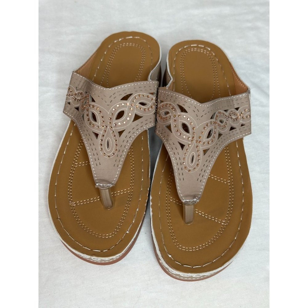 Flip Flops Sandals Tan Thong Low Wedge Embellishments Top Sz  8/39 Beachwear NEW